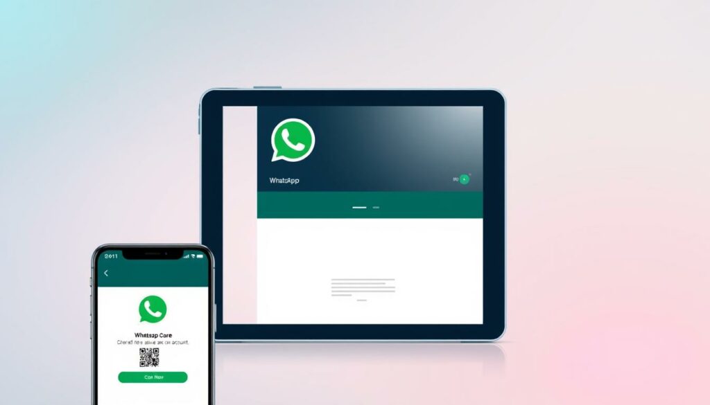 A modern and minimalist illustration showcasing the requirements for using WhatsApp on multiple devices. In the foreground, depict a smartphone screen displaying the WhatsApp login interface, with a prominent "Scan QR Code" instruction. In the middle ground, render a tablet device displaying the WhatsApp web interface, symbolizing the ability to access the same account on a secondary device. The background should feature a soft, gradient-based color scheme evoking a sense of digital connectivity. Ensure the composition is well-balanced, with clean lines and a professional, technical aesthetic that aligns with the subject matter.
