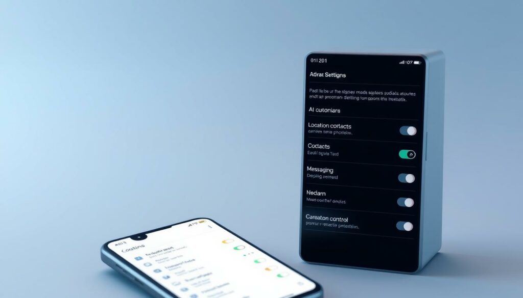 A modern and minimalist mobile app interface, showcasing the privacy and security settings section. The foreground features a sleek smartphone display with a tiled menu of options - 'Location', 'Contacts', 'Messaging', 'Media' and more. The middle ground shows various toggles, sliders and dropdown menus allowing the user to customize their data protection preferences. The background is a subtle gradient, conveying a sense of digital space and technological sophistication. Soft lighting from above creates depth and highlights the intuitive user experience. The overall mood is one of transparency, control and peace of mind regarding personal information safeguards.