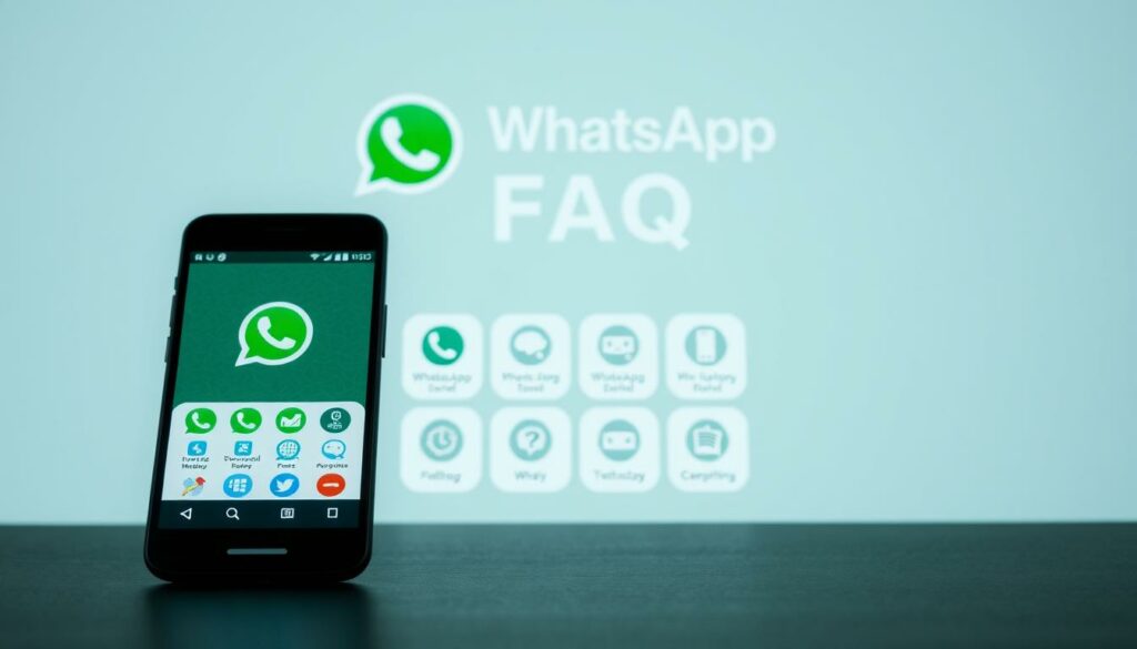 A modern, clean and informative image of "WhatsApp FAQ". In the foreground, a sleek smartphone displaying the WhatsApp interface, showcasing the app's core features and functionalities. The middle ground features a stylized grid of FAQ icons, each representing a common question users might have. The background is a subtle gradient or texture, providing a professional and minimal aesthetic. The lighting is soft and even, highlighting the device and FAQ elements. The overall composition and color palette convey a sense of user-friendliness, clarity and ease of access to the app's frequently asked questions.