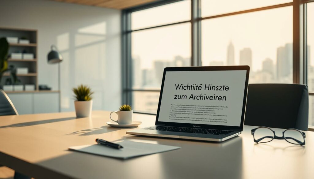 A modern, minimalist office interior with a clean, organized desk. In the foreground, a laptop open to a document titled "Wichtige Hinweise zum Archivieren". The desk is neatly arranged with a pen, a small potted plant, and a pair of reading glasses. The background features a large window overlooking a cityscape, bathing the scene in warm, natural light. The overall mood is one of efficiency, focus, and attention to detail, reflecting the importance of the archiving process.