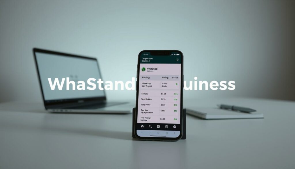 A modern, minimalist still life depicting the costs of using WhatsApp Business. In the foreground, a sleek smartphone displays the WhatsApp Business interface, its screen showing a breakdown of pricing plans and subscription options. The middle ground features a clean, minimal desk setup with a laptop, notebook, and pen, conveying a professional, work-from-home atmosphere. The background is a soft, muted gradient, placing the focus on the central subject. Soft, directional lighting casts subtle shadows, enhancing the sense of depth and three-dimensionality. The overall mood is one of simplicity, clarity, and attention to detail, reflecting the informative nature of the content.