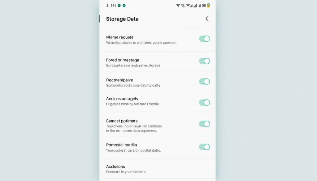 A modern, minimalist-style screenshot of the WhatsApp Settings menu, focused on the storage optimization options. The interface displays various settings and toggles for managing cached data, media, and other files. The layout is clean and uncluttered, with a calming, subdued color palette of grays, whites, and blues. Soft, indirect lighting creates a subtle depth and highlights the intuitive user interface. The overall mood is one of efficient organization and control over the app's storage consumption.
