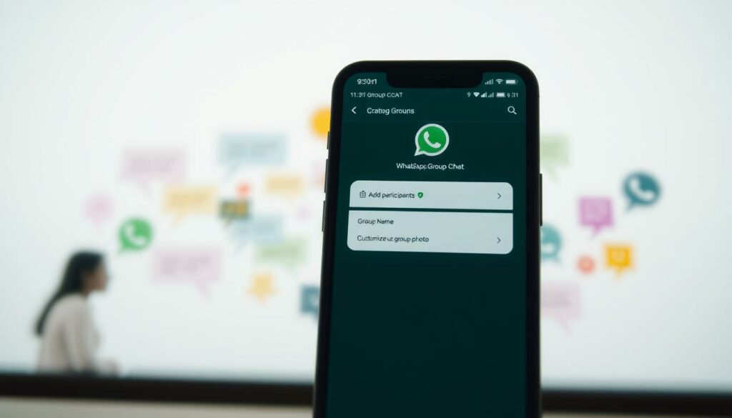 A modern, minimalist user interface showcasing the process of creating a WhatsApp group chat. In the foreground, a sleek smartphone displays the group creation screen, with options to add participants, set a group name, and customize the group photo. The middle ground features a clean, slightly blurred background of colorful chat bubbles, conveying the idea of an active group conversation. The lighting is soft and diffused, creating a warm, inviting atmosphere. The overall scene evokes a sense of simplicity, connectivity, and the effortless way of bringing people together through group messaging.