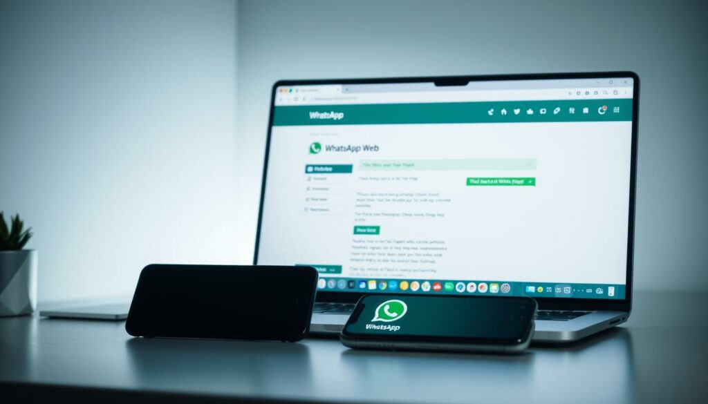 A modern, minimalist workspace with a laptop, phone, and a browser window displaying the WhatsApp Web interface. The laptop screen is positioned at a slight angle, casting soft, directional lighting that illuminates the clean, organized desk. The phone rests nearby, its screen mirroring the WhatsApp Web interface, emphasizing the seamless integration between the two devices. The overall scene conveys a sense of productivity and efficiency, capturing the essence of using WhatsApp on a computer for faster, more comfortable typing.