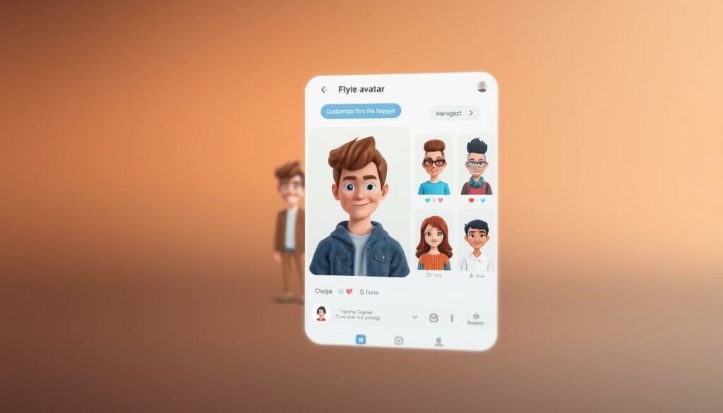A modern, mobile-friendly avatar creation interface with a clean, intuitive layout. In the foreground, a digital character editor allows customizing features like facial expressions, hairstyles, and clothing. Warm, diffused lighting highlights the avatar's expressive details. The middle ground showcases various avatar templates, each with a distinct personality. In the background, a soft, blurred gradient creates a sense of depth and focus on the customization process. The overall atmosphere is one of playful self-expression, empowering the user to craft a unique digital representation of themselves for messaging and social platforms.