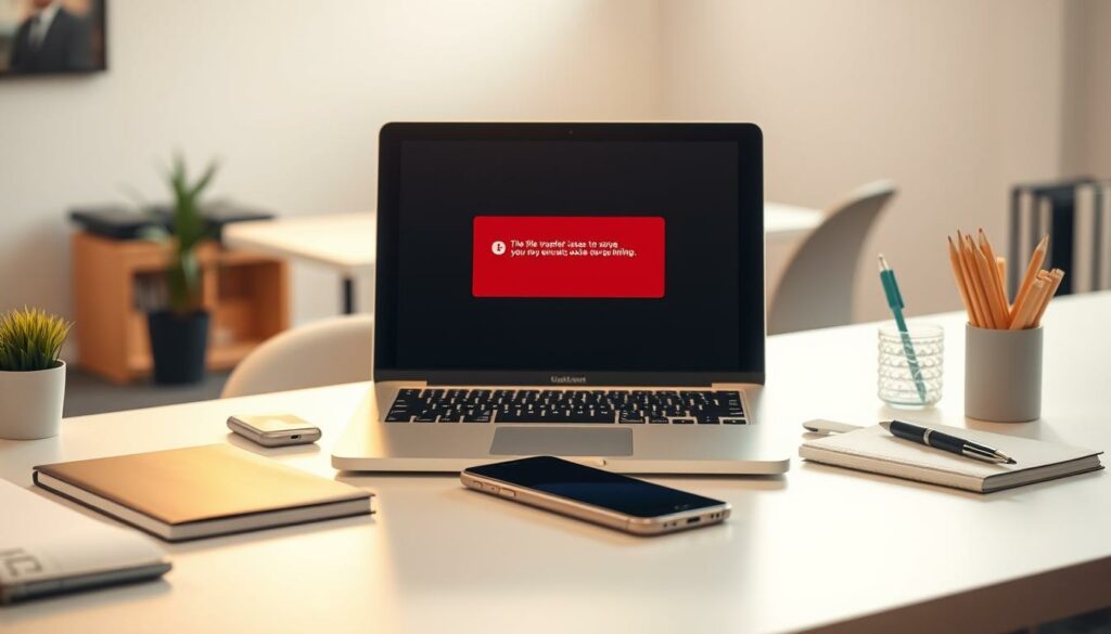 A modern office scene with a laptop, smartphone, and various office supplies on a clean, minimalist desk. The laptop screen displays an error message about file transfer issues, highlighting the problem the user is trying to solve. Warm, natural lighting illuminates the scene, creating a calm and professional atmosphere. The background features a blurred, neutral-toned office environment, keeping the focus on the foreground elements. The composition emphasizes the user's experience and the challenge of resolving common file-sharing problems.
