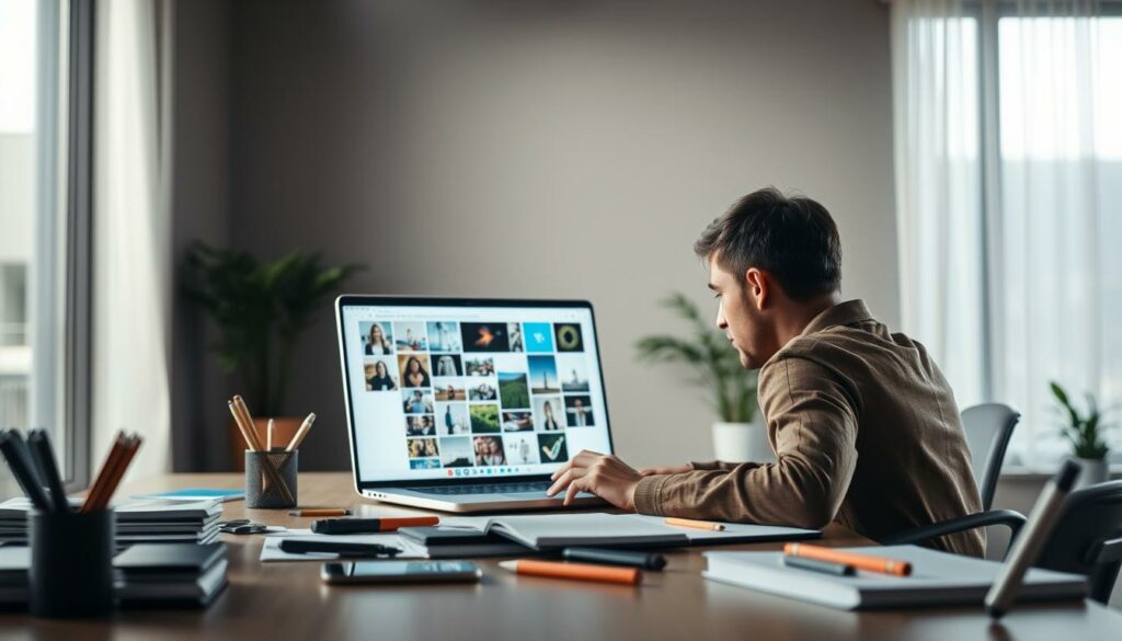 A modern office scene with a person sitting at a desk, intently focused on their laptop screen. The lighting is soft and natural, filtering in through large windows. In the foreground, a variety of office supplies and a smartphone are visible, symbolizing the challenges of sharing digital content. The middle ground features the laptop screen, displaying a collage of images, hinting at the difficulties of creating and sharing such multimedia content on messaging platforms. The background showcases a minimalist, yet sophisticated, office interior with subtle hints of plant life, suggesting a calm and contemplative atmosphere for problem-solving.