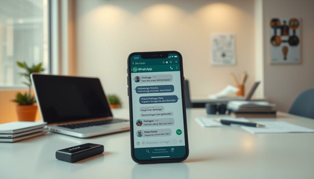 A modern office setting, with a clean and minimalist aesthetic. In the foreground, a smartphone is displayed, its screen showing a WhatsApp chat interface with various conversations and messages. The background features a laptop, paperwork, and office supplies, suggesting the digital and physical nature of data transfer. Warm, indirect lighting creates a calm and focused atmosphere, while the camera angle provides a bird's-eye view, emphasizing the interconnectedness of the digital and physical elements. The overall composition conveys the seamless transition of chat histories and data between devices, reflecting the section title "Chatverläufe und Daten übertragen".