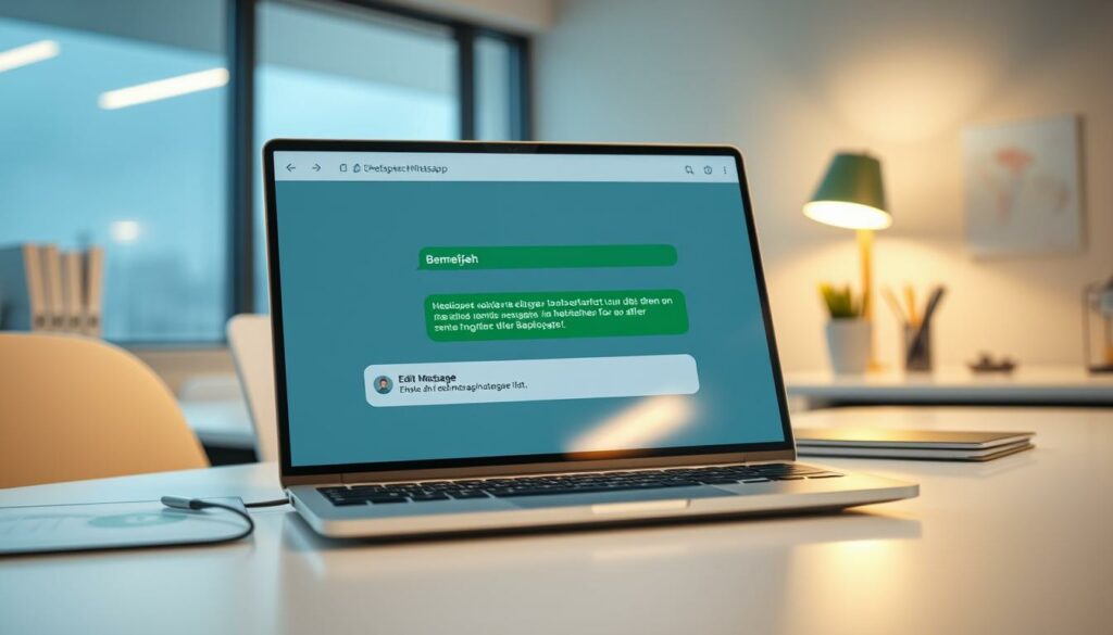 A modern office setting with a laptop screen displaying a WhatsApp chat interface. The screen is slightly tilted, showcasing the "Bearbeiten" (Edit) feature, with a message highlighted, indicating the limitations or restrictions in modifying sent messages. The scene is well-lit, with a warm and professional ambiance. The laptop is placed on a clean, minimalist desk, with a few office supplies in the background, conveying a sense of productivity and attention to detail. The overall composition emphasizes the challenges and constraints surrounding the ability to edit messages in the popular messaging app.