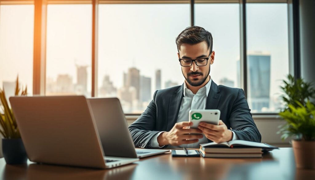 A modern office setting with a large, bright window overlooking a bustling city skyline. In the foreground, a neatly organized desk with a sleek laptop, a few carefully placed stationery items, and a potted plant. The middle ground features a person, dressed in professional attire, engaged in a thoughtful discussion on a WhatsApp conversation, their expression one of focused concentration. The background is softly blurred, emphasizing the subject's engagement with the digital interface. Warm, directional lighting casts subtle shadows, creating a sense of depth and atmosphere. The overall scene conveys a productive, efficient, and technologically-savvy workspace, where digital communication is seamlessly integrated into the workday.