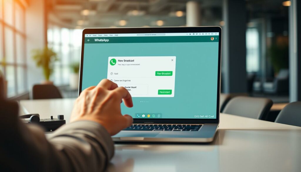 A modern office setting with a professional-looking person creating a new WhatsApp broadcast on a sleek laptop. The scene is bathed in warm, soft lighting, creating a productive and focused atmosphere. The laptop screen displays the WhatsApp interface, with the "New Broadcast" button prominently featured. The user's hands are expertly navigating the interface, showcasing the ease of setting up a new broadcast. The background is blurred, keeping the focus on the central action. The overall composition conveys the simplicity and efficiency of the WhatsApp broadcast creation process.