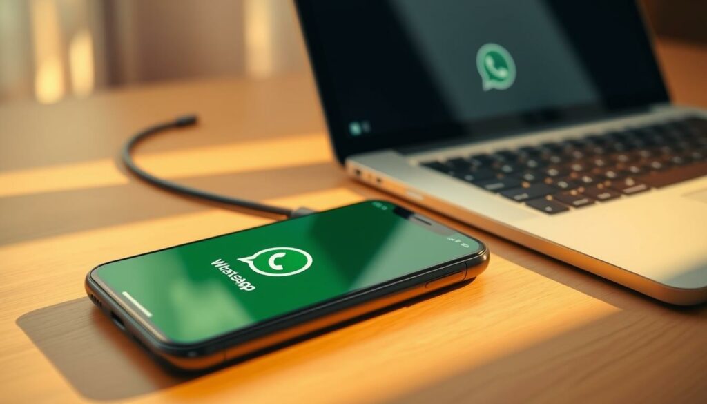 A modern, sleek smartphone interface displaying the WhatsApp app on the screen, with a secondary device such as a tablet or laptop seamlessly connected and synced, showcasing the multi-device functionality. The scene is bathed in warm, natural lighting, emphasizing the intuitive and user-friendly nature of the cross-device experience. The composition features a clean, minimalist design, focusing on the devices and the WhatsApp app, conveying a sense of efficiency and technological integration. The overall mood is one of effortless connectivity and productivity, reflecting the core purpose of the multi-device feature.