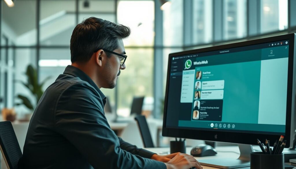 A modern, well-lit office interior with a computer monitor displaying a WhatsApp Web interface. In the foreground, a professional-looking person is intently engaged with the screen, efficiently communicating with a customer. The middle ground features a clean, minimalist desk setup with organization tools and accessories. The background showcases floor-to-ceiling windows, allowing natural light to flood the space and create a bright, productive atmosphere. The overall scene conveys a sense of streamlined, effective customer communication leveraging the capabilities of WhatsApp Web in a contemporary business setting.
