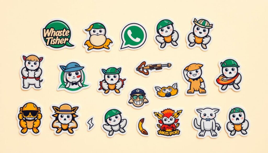 A neatly arranged composition showcasing a variety of stylish, hand-crafted WhatsApp stickers against a soft, pastel-colored background. The stickers feature a range of playful, expressive designs with intricate details, vibrant colors, and a polished, high-quality finish. The stickers are displayed in a grid layout, accentuated by gentle shadows and subtle highlights, creating a sense of depth and dimensionality. The overall scene conveys a sense of creativity, craftsmanship, and the versatility of custom-made WhatsApp stickers.
