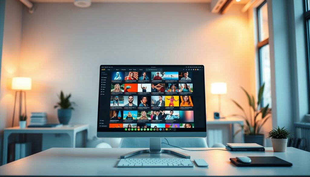 A neatly organized GIF library on a sleek, minimalist desktop computer. The foreground features a series of colorful, vibrant GIFs displayed in a grid layout, each with a descriptive title. The middle ground showcases intuitive folder structures and search functionality, allowing for easy navigation and categorization. In the background, a softly-lit, modern office environment with clean lines and a neutral color palette provides a serene, focused atmosphere. Warm, indirect lighting casts a gentle glow, enhancing the overall sense of productivity and efficiency. The composition emphasizes the seamless integration of digital media management, inviting the viewer to envision a streamlined workflow for managing a vast collection of shareable GIFs.