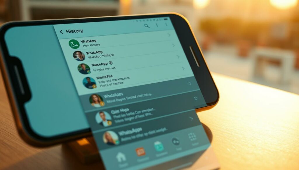A neatly organized WhatsApp chat history, with individual conversations and media files tidily arranged on a sleek smartphone display. The screen is bathed in a warm, natural lighting that casts subtle shadows, creating depth and dimension. The interface is clean and uncluttered, reflecting the user's desire to maintain a well-organized digital life. In the background, a soft, blurred cityscape suggests the user's busy, on-the-go lifestyle. The overall mood is one of calm efficiency, with the image conveying the ease and satisfaction of keeping one's WhatsApp data neatly curated and under control.