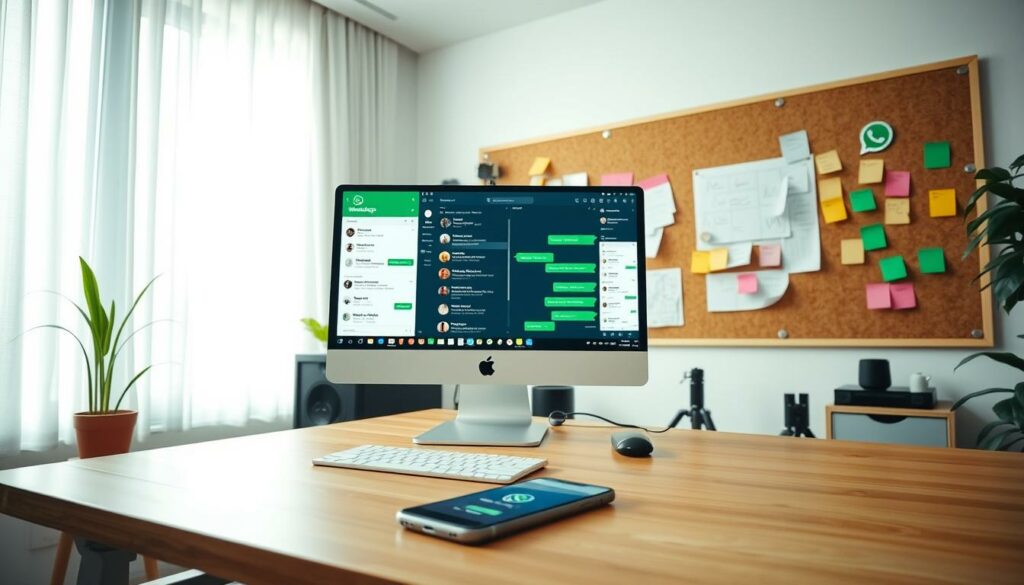 A neatly organized home office with a large desk, a desktop computer, and a smartphone on the table. Bright, indirect lighting from a large window illuminates the scene. On the screen, various WhatsApp chat windows are open, showcasing efficient communication and task management. In the background, a corkboard displays color-coded notes and schedules, reflecting a well-structured internal organization. The atmosphere is calm and focused, highlighting the benefits of using WhatsApp to optimize the workflow of a self-employed professional.