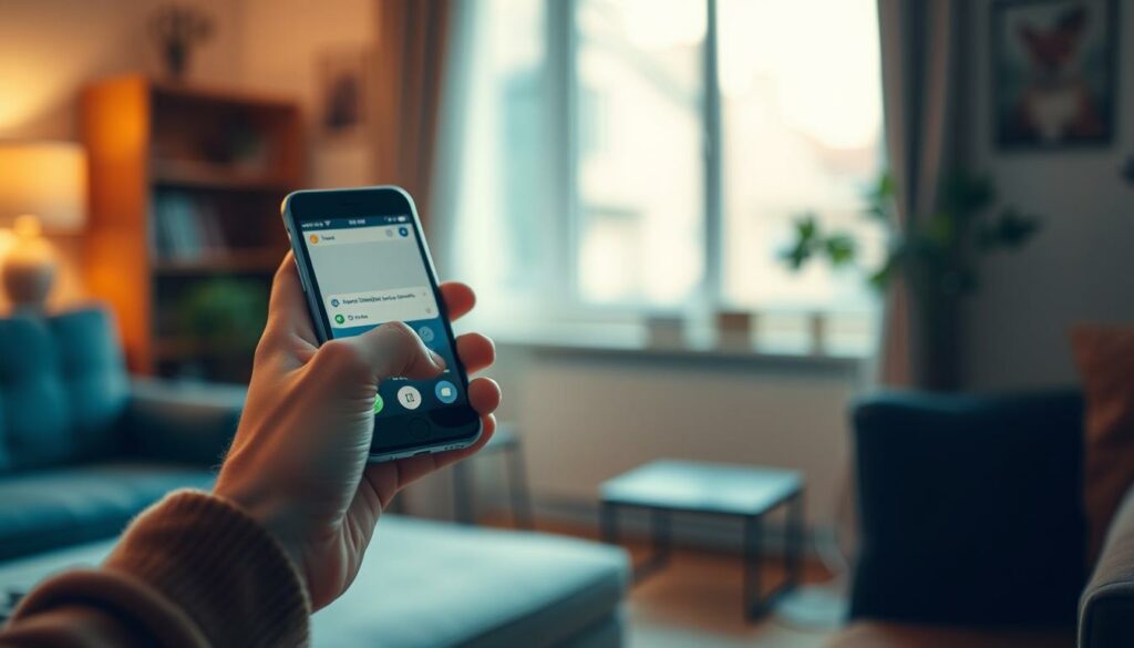 A person holding a smartphone, recording a voice message in a cozy, well-lit indoor setting. The image should have a warm, natural lighting, with a slightly blurred background to focus attention on the subject. Ideally, the user's hand and the phone should be visible, conveying the process of creating a voice memo. The overall mood should be one of casual, comfortable productivity, reflecting the section title "Sprachnachrichten versenden - Zwei praktische Methoden".