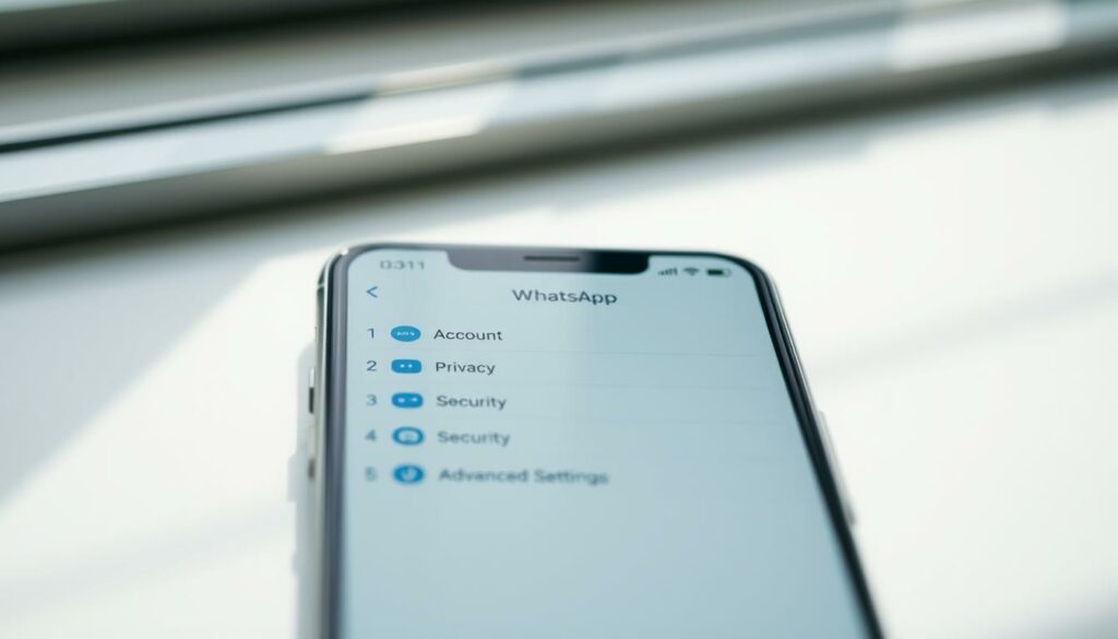 A photo of the WhatsApp privacy settings menu displayed on a modern smartphone screen. The screen shows a list of options such as "Account", "Privacy", "Security", and "Advanced Settings". The UI is clean and minimalist, with a white background and blue-accented icons. Soft, natural lighting illuminates the scene, creating a calming and professional atmosphere. The angle is slightly tilted to showcase the menu layout in an inviting and accessible manner. The focus is sharp, and the composition is balanced, drawing the viewer's attention to the key privacy-related settings.