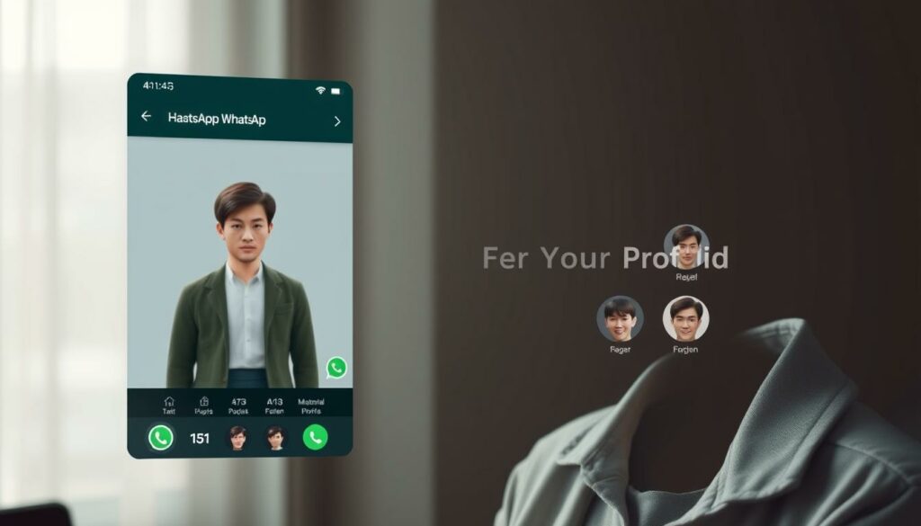 A photorealistic image of a WhatsApp profile avatar creation interface, set against a soft, blurred background. The avatar appears in the foreground, rendered with high detail and a range of customization options, including clothing, hairstyles, and facial features. The interface has a modern, clean design, with intuitive controls and a minimalist color palette. The overall scene conveys a sense of personalization and self-expression, reflecting the "Besondere Optionen für Ihr Profilbild" section of the article.