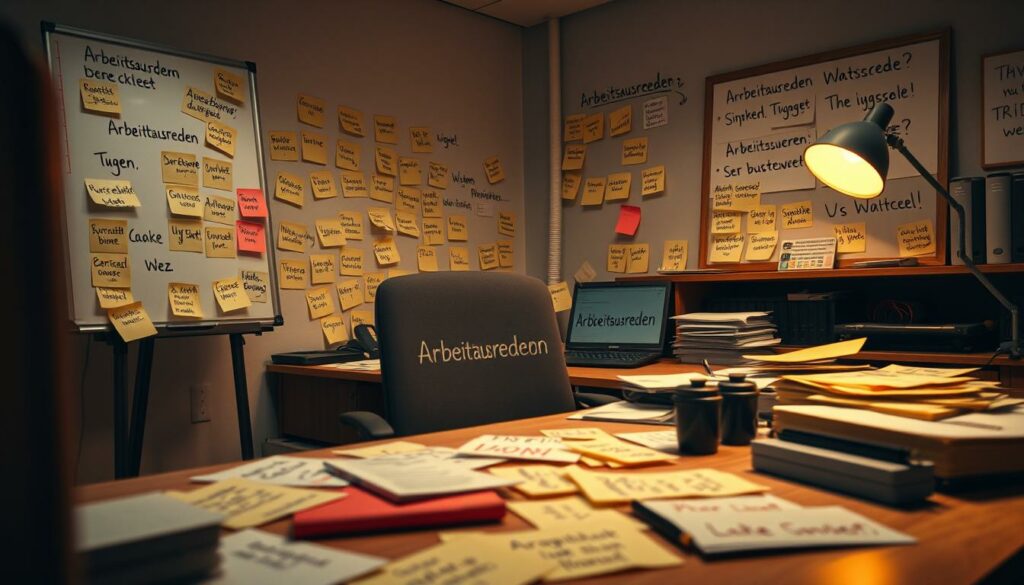 A playful and whimsical office setting, with a desk surrounded by various amusing workplace excuses scribbled on sticky notes, scattered papers, and a whiteboard. The lighting is warm and slightly muted, creating a cozy, humorous atmosphere. The perspective is slightly angled, drawing the viewer's attention to the creative and clever "Arbeitsausreden" (work excuses) that cover the desk and workspace. The overall scene conveys a lighthearted and relatable office environment, where employees find clever ways to explain their tardiness or absence from work.