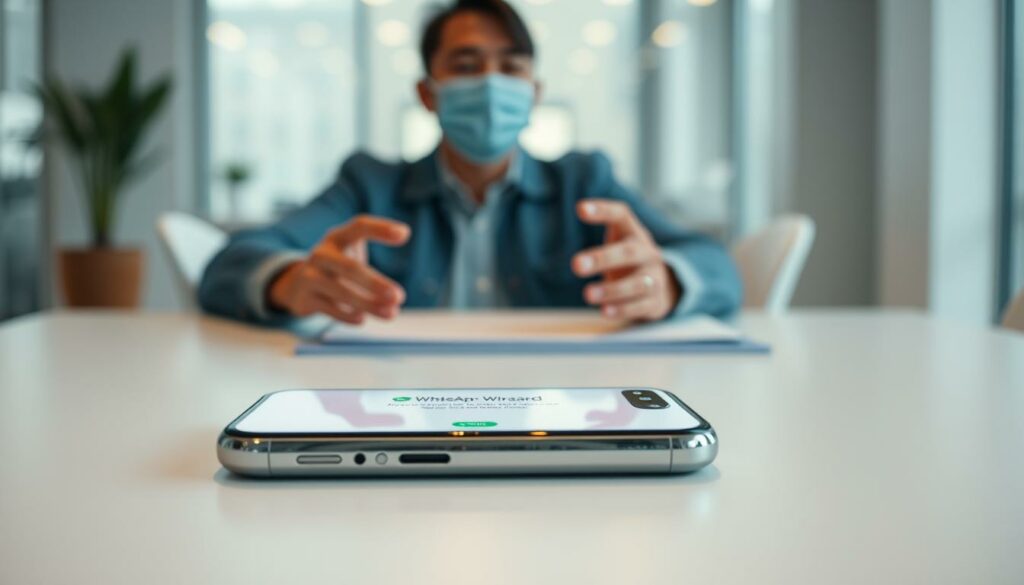A pristine, well-lit iPhone 13 Pro Max rests on a minimalist white table, its glowing screen displaying the WhatsApp setup wizard. The foreground is in sharp focus, showcasing the iPhone's sleek design and vibrant display. In the middle ground, a pair of hands gently guide the setup process, the user's face obscured in a soft, natural lighting. The background fades into a serene, blurred office environment, hinting at the device's integration into a professional workspace. The overall scene exudes a sense of effortless simplicity and modern, elegant technology.