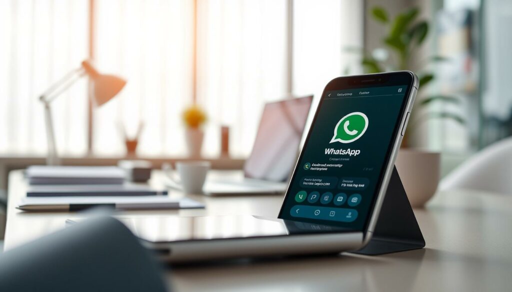 A professional corporate WhatsApp profile, meticulously designed with a sophisticated and visually captivating aesthetic. The foreground showcases a sleek, minimalist smartphone display, its screen reflecting a polished company logo and business information. The middle ground features a clean, neutral-toned workspace, with carefully arranged office supplies and devices creating a sense of organization and attention to detail. The background subtly blends an elegant, light-filled interior, emphasizing a professional, high-quality environment. Soft, natural lighting casts a warm, inviting glow, while the camera angle and lens capture the scene with a crisp, high-resolution quality. The overall mood conveys a sense of reliability, trustworthiness, and a commitment to presenting a polished, influential business presence on the WhatsApp platform.