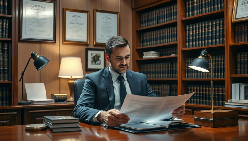 A professional law office with wooden furniture and shelves filled with legal books. A businessman sits at the desk, intently reviewing documents related to data privacy and messenger app regulations. Soft lighting from a desk lamp casts a warm glow, creating a contemplative atmosphere. The walls are adorned with legal certificates and awards, conveying a sense of expertise and authority. The scene captures the legal considerations and compliance requirements businesses must navigate when using messaging platforms like WhatsApp.
