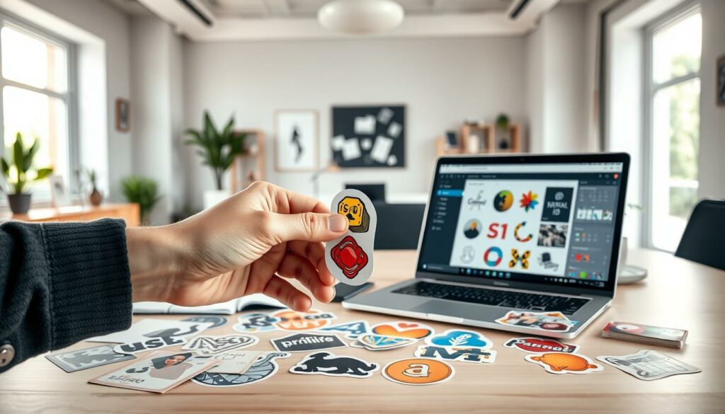 A professional-looking office desktop with various stickers neatly arranged and organized. In the foreground, a person's hand selects and peels off a sticker, showcasing the practical application of the new sticker collection. The middle ground features an open laptop displaying a sticker design interface, while the background shows a minimalist workspace with tasteful decor and abundant natural light streaming in through large windows. The overall mood is one of productivity, creativity, and attention to detail, capturing the essence of the "Praktische Anwendung der neuen Sticker" section.