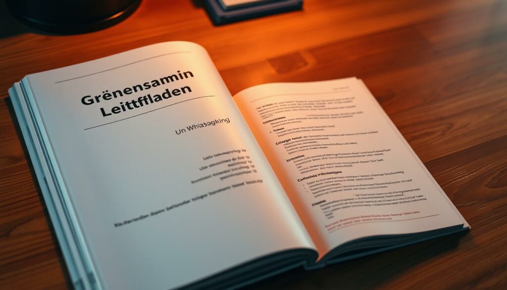 A professional, neatly organized administrator's guide lies open on a wooden desk, illuminated by warm, focused lighting. The cover features the German title "Gruppenadmin Leitfaden" in a clean, authoritative typeface. The pages display a structured layout with clear section headings, bullet points, and subtle diagrams, conveying a sense of efficiency and practical guidance. The image has a neutral, business-like tone, suitable for an article on managing WhatsApp groups.