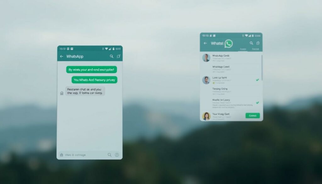 A secure WhatsApp chat interface, with a focus on privacy and end-to-end encryption. The foreground features a clean, minimalist chat window with a conversation between two users, their messages protected by a lock icon. The middle ground showcases the WhatsApp app's UI, including the profile icons and chat list, all rendered in a muted, subdued color palette. The background depicts a serene, blurred landscape, conveying a sense of security and tranquility. The overall scene is lit by soft, diffused lighting, creating a calming and trustworthy atmosphere. The camera angle is slightly elevated, providing an unobstructed view of the interface.
