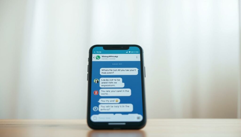 A secure and private WhatsApp message conversation set against a soft, blurred background. In the foreground, a smartphone screen displays a series of encrypted, minimalist chat bubbles, conveying a sense of digital intimacy and confidentiality. The interface is clean and uncluttered, with subtle encryption icons suggesting the emphasis on security and privacy. The lighting is gentle, creating a calming atmosphere that reflects the sensitive nature of the topic. The camera angle is slightly elevated, offering a birds-eye view that implies a sense of oversight and control over the digital landscape. The overall mood is one of digital trust and responsible data management.