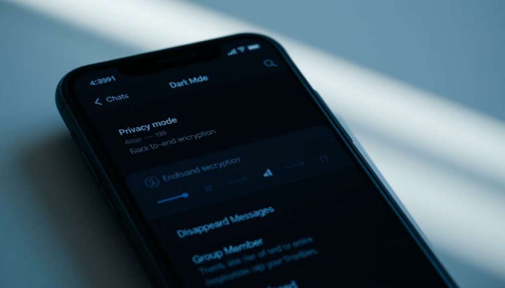 A secure mobile chat interface with elegant dark mode settings and minimalist user controls. Soft, directional lighting accentuates the sleek, modern device interface. The screen displays a menu of privacy and security options, allowing the user to configure end-to-end encryption, disappearing messages, and group member permissions. The interface conveys a sense of digital privacy and confidentiality, with a professional, high-tech aesthetic suitable for a business or enterprise context.