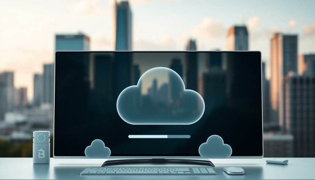 A serene and minimalist composition showcasing various cloud-based video storage and sharing services. In the foreground, a sleek desktop interface with crisp icons representing different cloud providers. The middle ground features a large video file being uploaded, its progress bar slowly filling. In the background, a softly blurred cityscape with skyscrapers, symbolizing the global reach and accessibility of these cloud-based solutions. Soft, warm lighting creates a professional and trustworthy atmosphere. The overall scene conveys the ease and convenience of managing and distributing large video files through cloud-based platforms.