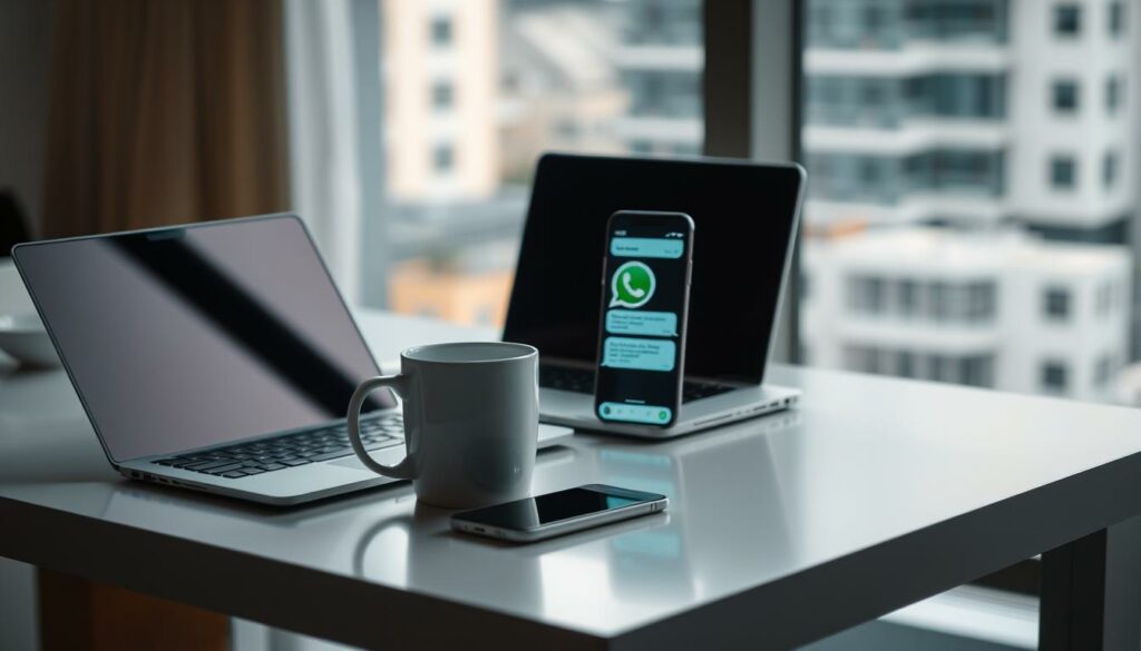 A serene and modern workspace, with a laptop, smartphone, and a cozy mug on a sleek, minimalist desk. Soft, warm lighting illuminates the scene, creating a comfortable and focused atmosphere. The smartphone's screen displays a WhatsApp conversation, with the user's own messages reflected in the device's display, symbolizing the introspective nature of digital self-talk. The background features a blurred, urban landscape, hinting at the integration of digital and real-world experiences. The overall composition conveys the advantages of using WhatsApp for personal reflection and growth, with a sense of tranquility and contemplation.