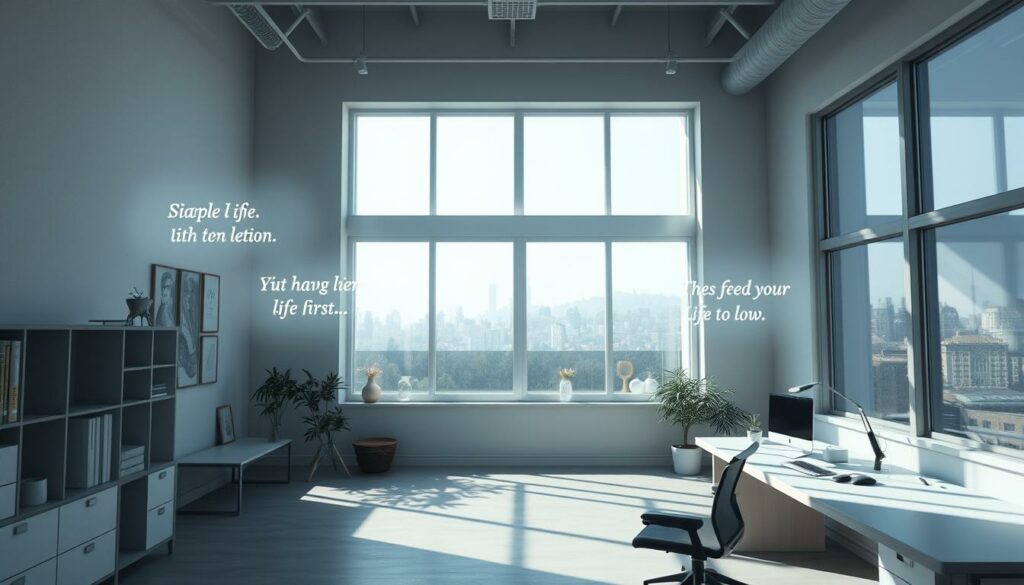 A serene, contemplative scene of inspirational life mottos displayed as holographic projections hovering above a tranquil, minimalist workspace. The mottos appear in soft, ethereal lettering that gently drifts and interacts with the natural light filtering through large windows. The overall atmosphere is one of focus, introspection and quiet motivation, creating a calming, yet thought-provoking environment. The camera angle is slightly elevated, providing an immersive, almost meditative perspective for the viewer. Crisp, natural lighting from multiple angles highlights the depth and texture of the space, while a muted color palette of greys, whites and soft blues evokes a sense of harmony and balance.