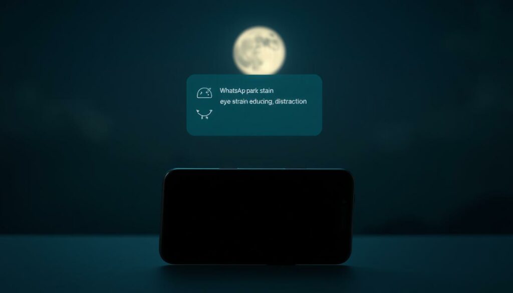 A serene dark mode interface showcasing the benefits of WhatsApp's night mode setting. In the foreground, a smartphone displays a clean, minimalist WhatsApp chat window with a soothing dark background and soft, ambient lighting. The middle ground features a subtle floating overlay with icons and text highlighting the power-saving, eye-strain reducing, and distraction-minimizing advantages of the dark mode. The background suggests a calm, moonlit environment, conveying a sense of tranquility and focus. Subtle, muted tones and a cinematic depth of field create a sophisticated, premium aesthetic that emphasizes the thoughtful design and user-centric experience of WhatsApp's dark mode feature.