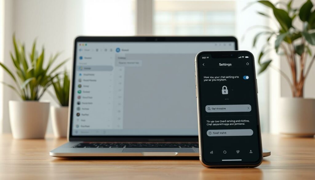 A serene desktop view showcasing a modern messaging app's chat encryption and privacy settings. In the foreground, a smartphone screen displays a conversation window with encrypted icons and padlock symbols, conveying a sense of secure communication. The middle ground features a laptop with an open settings menu, highlighting options to adjust chat permissions and visibility. The background depicts a tranquil office environment, with potted plants and natural lighting, creating a calming atmosphere conducive to personal data protection. The overall composition emphasizes the importance of maintaining privacy in digital interactions, without distracting visual elements.