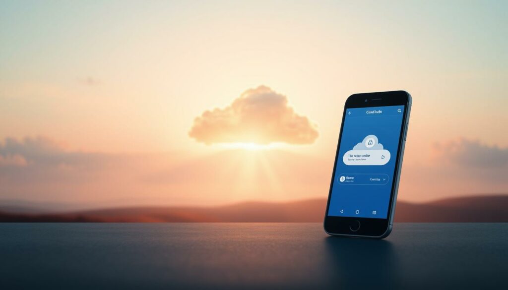 A serene digital landscape featuring a stylized cloud formation floating gracefully against a soft, ethereal sky. In the foreground, a sleek smartphone displays an intuitive cloud backup interface, its intuitive design mirroring the tranquil atmosphere. The middle ground showcases a minimalist, modern office setting, hinting at the seamless integration of personal digital content with professional workflows. Warm, diffused lighting gently illuminates the scene, creating a sense of security and reliability. The overall composition conveys the effortless, automated nature of cloud-based data storage and the peace of mind it provides.
