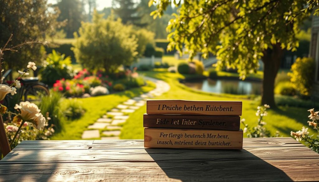 A serene garden scene, bathed in warm afternoon sunlight. In the foreground, a collection of hand-painted wooden signs with inspirational German "Sprüche" (sayings) about life, elegantly displayed on a rustic wooden table. Behind it, a lush, verdant landscape with blooming flowers and a winding path leading to a tranquil pond. The overall atmosphere is one of contemplation and mindful appreciation for the simple joys of everyday living. A medium-wide angle lens captures the scene, creating a sense of depth and inviting the viewer to step into this peaceful oasis.