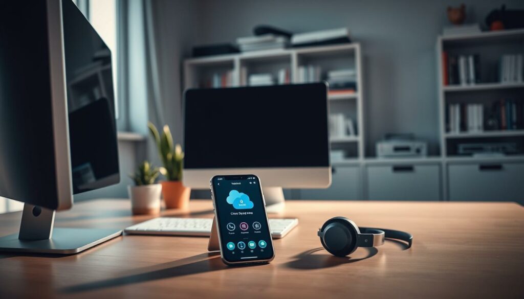 A serene home office scene, illuminated by soft natural light streaming through a window. In the foreground, a desktop computer with a smartphone placed prominently, its screen displaying a cloud storage app interface. The middle ground features a neat, organized workspace with a minimalist aesthetic - a sleek desk, a potted plant, and a pair of wireless headphones. In the background, a bookshelf filled with reference materials and personal touches, creating a cozy, productive ambiance. The overall mood is one of efficiency, digital organization, and a sense of control over one's digital assets.
