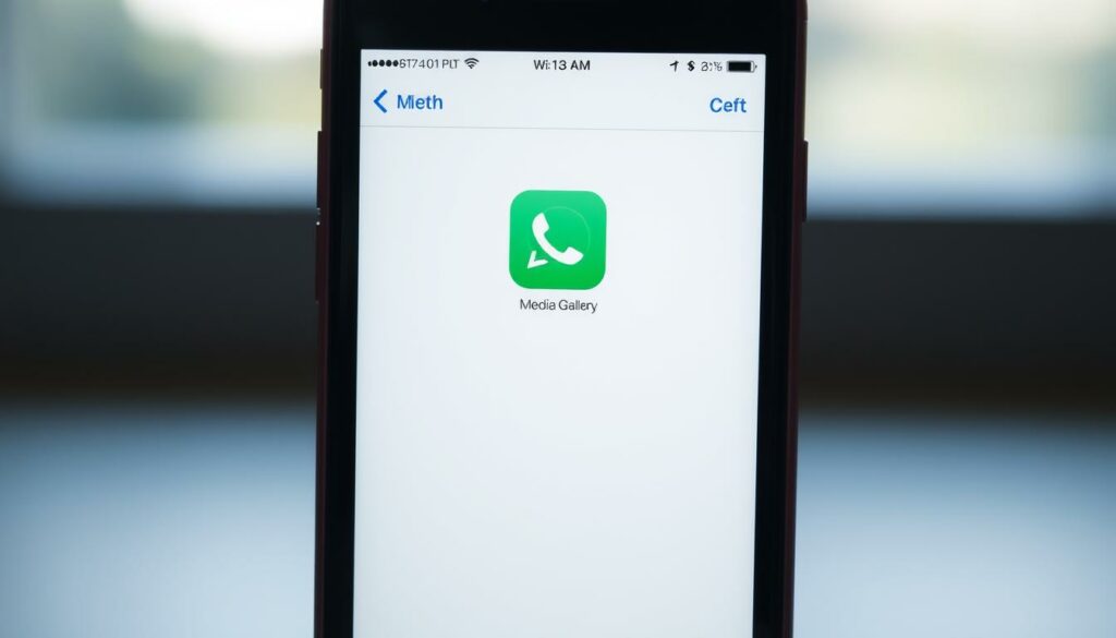 A serene iPhone screen displaying a WhatsApp chat window, the background blurred and softened, with the media gallery icon prominently featured. The interface exudes a clean, minimal aesthetic, subtly hinting at the process of hiding WhatsApp media from the device's main photo library. Crisp lighting illuminates the screen, creating a sense of focus and attention to the task at hand. The overall mood is one of simplicity and organization, inviting the viewer to explore the nuances of managing their WhatsApp media within the iOS ecosystem.