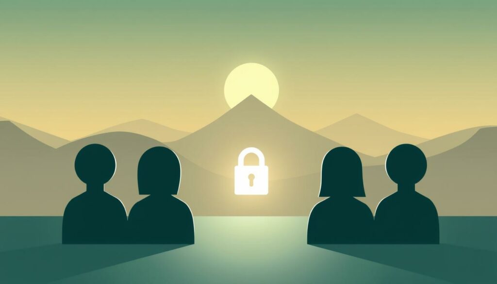 A serene, minimalist digital illustration depicting data security and privacy in the context of a WhatsApp group. In the foreground, a stylized group of people icons representing group members, with a central lock icon symbolizing the security of their communication. The midground features a subtly patterned backdrop, evoking a sense of digital connectivity. The background showcases a softly lit, abstract geometric landscape, conveying a sense of stability and protection. The overall composition is clean, well-balanced, and uses a muted, calming color palette to reinforce the theme of secure group interactions.