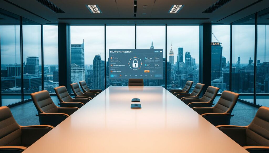 A serene, modern office setting with a large conference table in the foreground. Stylish, ergonomic chairs surround the table, creating an atmosphere of professionalism and collaboration. The lighting is soft and diffused, creating a warm, inviting ambiance. In the middle ground, a digital display shows a secure group management interface, with intuitive controls and security features. The background features floor-to-ceiling windows, offering a panoramic view of a bustling city skyline. The overall scene conveys a sense of efficiency, safety, and technological sophistication in group management.