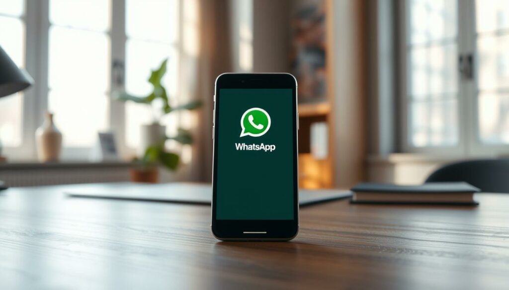 A serene office workspace with a smartphone resting on a minimalist wooden desk, its screen displaying the WhatsApp messaging app. The smartphone is centered in the frame, bathed in soft, diffused natural light filtering through large windows, creating a calming, contemplative atmosphere. The background features blurred, neutral-toned decor, allowing the device to be the focal point. The overall scene conveys a sense of tranquility and focus, encouraging the viewer to take a mindful pause from digital distractions.