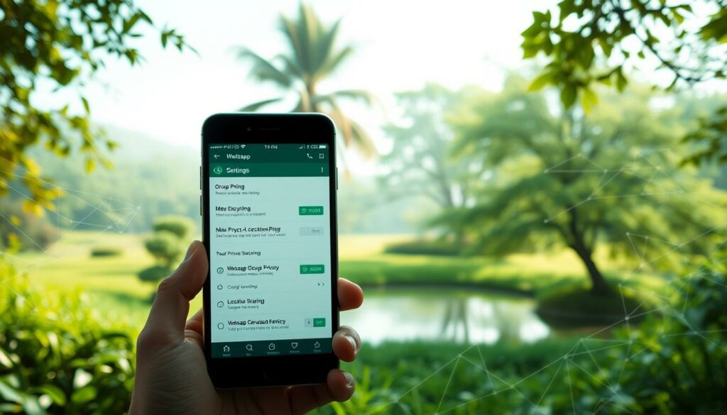 A serene, private digital garden where WhatsApp's enhanced privacy features flourish. In the foreground, a smartphone displays the app's security settings, with customizable controls for message encryption, group privacy, and location sharing. The middle ground depicts a lush, verdant landscape with swaying trees and a tranquil pond, symbolizing the sense of digital sanctuary. In the background, a soft, diffused light bathes the scene, creating an atmosphere of calm and trust. Intricate patterns of data flows intertwine, hinting at the advanced algorithms that safeguard user privacy within this secure digital haven.