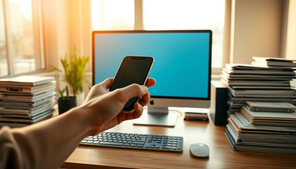 A serene, well-organized workspace with a desktop computer, smartphone, and stacks of neatly organized files and documents. Warm, natural lighting cascades through large windows, creating a calming ambiance. In the foreground, a hand reaches out to connect the smartphone to the computer, symbolizing a seamless transition. The mid-ground features an array of carefully arranged office supplies, conveying a sense of control and preparation. The background showcases a tranquil, minimalist room design, contributing to an overall atmosphere of efficiency and ease. The image should exude a sense of confidence and professionalism, capturing the essence of a smooth transition between digital accounts.