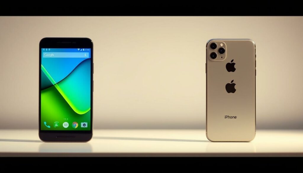 A side-by-side comparison of an Android smartphone and an iPhone, showcased against a clean, minimalist background. The Android device on the left features a sleek, edge-to-edge display, with a modern, angular design. The iPhone on the right has a familiar, iconic silhouette, with a polished, premium finish. Both devices are bathed in warm, indirect lighting, highlighting their elegant lines and attention to detail. The scene conveys a sense of balance and thoughtful juxtaposition, inviting the viewer to appreciate the nuanced differences between the two leading mobile platforms.