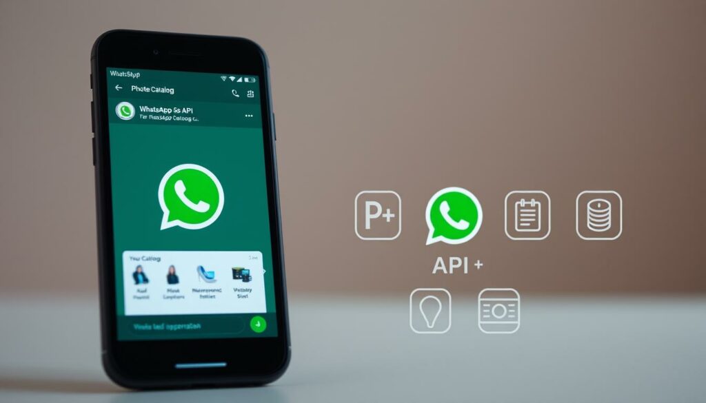 A sleek and modern integration of the WhatsApp Business API, showcasing a clean user interface with intuitive navigation. In the foreground, a smartphone screen displays a WhatsApp chat window, featuring a product catalog seamlessly embedded within. The middle ground features a set of API integration icons, conveying the technical aspect of the integration. The background is a soft, blurred gradient, creating a sense of depth and emphasis on the central elements. The overall mood is one of efficiency, connectivity, and a cohesive digital experience.