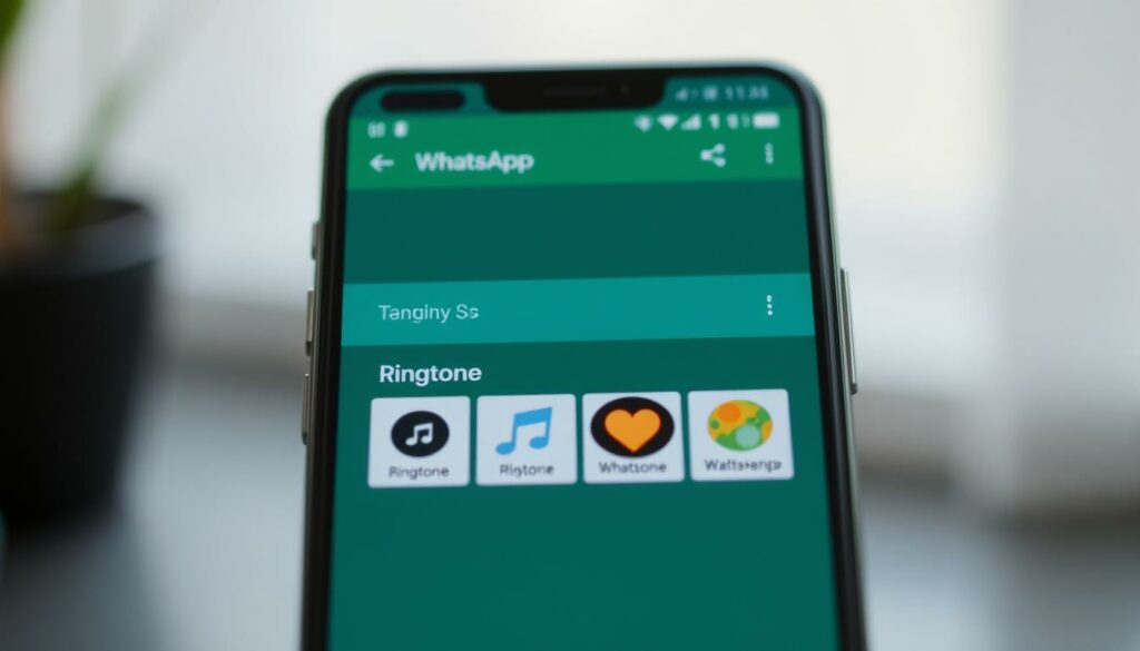 A sleek and modern smartphone screen displaying the WhatsApp app, with a close-up view of the settings menu. The foreground features a highlighted "Ringtone" option, inviting the user to customize their WhatsApp call sound. The middle ground showcases a range of ringtone options, each with a unique visual representation. The background subtly blurs, keeping the focus on the intuitive and user-friendly interface. The overall scene conveys a sense of efficiency and personalization, reflecting the ease of changing the WhatsApp ringtone on an Android device.